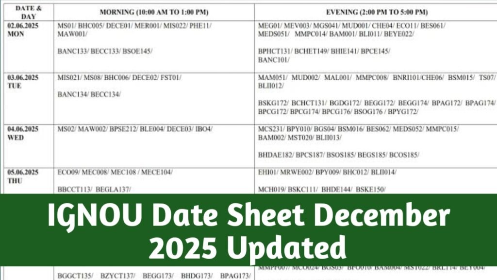 IGNOU Date Sheet December 2025 Updated